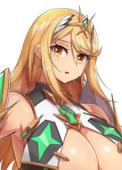 1girl :d angoha bare_shoulders blonde_hair breasts cleavage cleavage_cutout clothing_cutout commentary core_crystal_(xenoblade) dress earrings elbow_gloves english_commentary gloves highres jewelry large_breasts long_hair looking_at_viewer mythra_(xenoblade) open_mouth simple_background smile solo swept_bangs upper_body very_long_hair white_background white_dress white_gloves xenoblade_chronicles_(series) xenoblade_chronicles_2 yellow_eyes