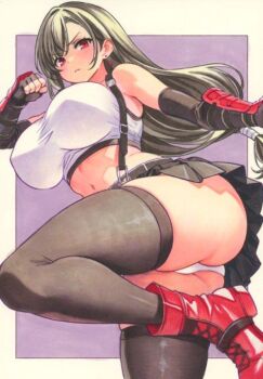 1girl bare_shoulders black_gloves black_hair black_skirt black_sports_bra black_thighhighs boots breasts crop_top earrings elbow_gloves final_fantasy final_fantasy_vii final_fantasy_vii_remake fingerless_gloves gloves jewelry large_breasts long_hair looking_at_viewer midriff miniskirt miyakooo0420 panties red_boots skirt sleeveless solo sports_bra tank_top thighhighs tifa_lockhart underwear white_panties white_tank_top