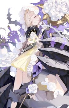 1girl absurdres barefoot blunt_bangs briar_rose_(sinoalice) claws doll dress flower head_tilt highres holding holding_doll hugging_doll hugging_object open_mouth ribbon rose shiro_wa_(shiroshironix) simple_background sinoalice sleeping solo staff sword thorns veil weapon white_background white_flower white_rose yellow_dress