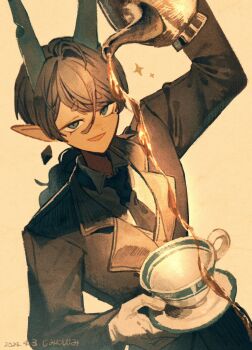 Rule 34 | 1boy, arm up, black hair, black jacket, black necktie, cup, dated, hashtag-only commentary, highres, holding, holding plate, holding teapot, horns, jacket, jimini shijimi, long hair, looking at viewer, male focus, necktie, oni, original, parted lips, plate, pouring, simple background, smile, standing, suit jacket, teacup, teapot, upper body, white background, wing collar, you're doing it wrong