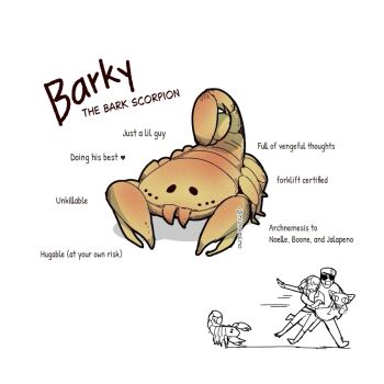 1boy 1girl animal bark_scorpion beret chibi commentary courier_(fallout:_new_vegas) craig_boone english_commentary english_text fallout fallout:_new_vegas gecko hat jalapeno_(milramemo) milramemo noelle_rutherford open_mouth pants scorpion shadow shirt simple_background sunglasses twitter_username white_background