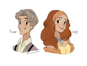 1boy 1girl animification brown_eyes brown_hair commentary_request grey_hair humanization lady_(disney) lady_and_the_tramp looking_at_viewer short_hair simple_background smile souno_kazuki tramp_(disney) upper_body