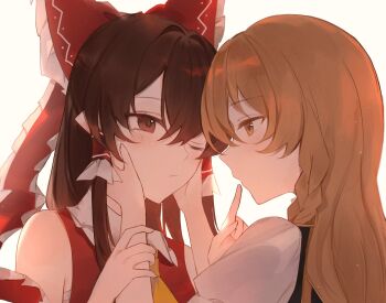 2girls ascot blonde_hair bow braid brown_eyes brown_hair commentary_request detached_sleeves frilled_bow frilled_hair_tubes frills hair_bow hair_tubes hakurei_reimu hanaya_(fleur) hands_on_another's_cheeks hands_on_another's_face highres kirisame_marisa long_hair multiple_girls one_eye_closed red_bow side_braid single_braid touhou yellow_ascot yellow_eyes yuri