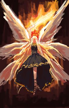 1girl arm_up black_dress blonde_hair burning dress empty_eyes facing_viewer feathered_wings floating floating_object full_body glowing hair_flowing_over halo halo_behind_head highres imminent_attack looking_at_viewer multiple_wings omniscient_reader&#039;s_viewpoint solo sword tangerinegod uriel_(omniscient_reader&#039;s_viewpoint) weapon white_wings wide-eyed wings