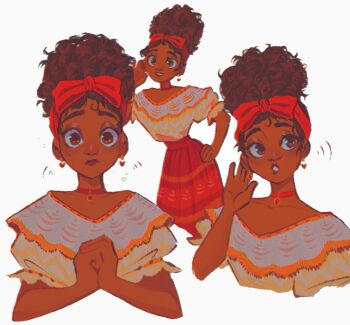 1girl bow brown_eyes brown_hair caramoccii choker cowboy_shot curly_hair dark-skinned_female dark_skin dolores_madrigal earrings encanto hair_bow hairband hand_on_own_hip hand_to_head highres jewelry light_smile multiple_views own_hands_clasped own_hands_together parted_lips pendant_choker ponytail red_bow red_choker red_hairband red_skirt shirt skirt solo upper_body white_background white_shirt