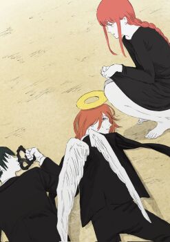 1girl 2boys absurdres amputee angel_devil_(chainsaw_man) angel_wings black_dress black_hair black_jacket black_panties black_suit braid braided_ponytail chainsaw_man clothes_lift double_amputee dress dress_lift formal_clothes halo hayakawa_aki highres holding holding_panties holding_underwear holding_unworn_clothes jacket lifting_own_clothes long_hair lying makima_(chainsaw_man) multiple_boys on_stomach orange_eyes orange_hair panties red_hair senaka_look sidelocks suit sweatdrop underwear wings yellow_eyes