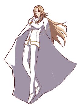 1boy alternate_design angry blonde_hair brunestud_of_the_crimson_moon cape coat floating_cape formal_clothes gloves gold_trim highres long_hair male_focus no_01r pants red_eyes shoes simple_background tsukihime vampire very_long_hair white_cape white_coat white_gloves white_pants white_shoes