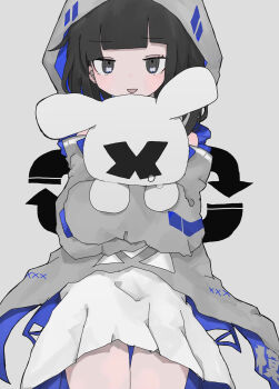 1girl black_eyes black_hair blunt_bangs blush commentary_request cowboy_shot dress grey_background grey_eyes grey_jacket highres holding holding_stuffed_toy hood hood_up hooded_jacket hoodie hugging_doll hugging_object jacket long_sleeves looking_at_viewer nukunuku_nigirimeshi open_clothes open_mouth original simple_background sitting sleeves_past_fingers sleeves_past_wrists smile solo stuffed_animal stuffed_rabbit stuffed_toy tearing_up tears text_background white_dress