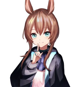 1girl amiya_(arknights) animal_ears aqua_eyes arknights ascot black_jacket brown_hair closed_mouth commentary finger_to_cheek hair_between_eyes highres jacket jewelry long_sleeves looking_at_viewer medium_hair multiple_rings open_clothes open_jacket purple_ascot ring simple_background solo split_mouth upper_body white_background yoi_(a27963244)