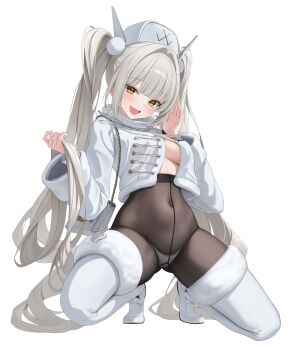 1girl absurdres black_pantyhose blanc_(fortune_express)_(nikke) blanc_(nikke) boots coat commentary_request covered_navel fang full_body fur-trimmed_boots fur-trimmed_collar fur_trim g_home goddess_of_victory:_nikke high-waist_pantyhose highres long_hair looking_at_viewer official_alternate_hairstyle panties panties_under_pantyhose pantyhose see-through_pantyhose skin_fang smile solo split-color_clothes squatting twintails underwear white_background white_boots winter_clothes winter_coat