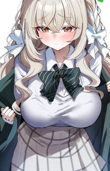 Rule 34 | 1girl, absurdres, black bow, black bowtie, black jacket, blue archive, blush, bow, bowtie, braid, breasts, brown hair, cardigan, closed mouth, commentary, crossed bangs, diagonal-striped bow, diagonal-striped bowtie, diagonal-striped clothes, grey skirt, hair between eyes, hair bow, hair ribbon, highres, jacket, large breasts, long hair, miyo (blue archive), open clothes, open jacket, opened by self, ribbon, ribbon braid, sak (lemondisk), school uniform, shirt, simple background, skirt, solo, striped bow, striped bowtie, striped clothes, white background, white bow, white cardigan, white shirt, yellow eyes