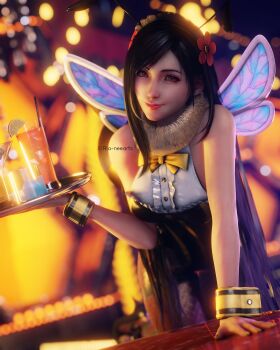 1girl 3d absurdres bare_shoulders bee_costume black_hair blurry blurry_background bow bowtie cup drink earrings final_fantasy final_fantasy_vii final_fantasy_vii_remake hair_ornament hand_on_table highres holding honey_bee_inn jewelry long_hair looking_at_viewer red_eyes ria-neearts solo square_enix tifa_lockhart