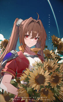 1girl absurdres ahoge antenna_hair armor blue_sky breasts brown_hair closed_mouth commentary_request copyright_name cropped_jacket double-parted_bangs eiyuu_densetsu english_text estelle_bright flower gugugu_official hair_between_eyes hair_intakes highres light_blush long_hair looking_at_viewer outdoors pauldrons red_eyes short_sleeves shoulder_armor single_pauldron sky smile solo sora_no_kiseki star_(sky) sunflower twintails upper_body very_long_hair
