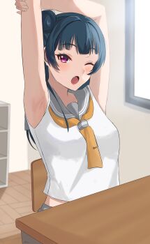 1girl :o absurdres armpits arms_up black_hair blush chair chaso_(480) commentary_request cropped_torso day desk fang grey_sailor_collar hair_bun highres indoors long_hair love_live! love_live!_sunshine!! neckerchief on_chair one_eye_closed open_mouth pink_eyes sailor_collar sailor_shirt school_uniform shirt sitting sleeveless sleeveless_shirt solo stretching tsushima_yoshiko white_shirt yawning yellow_neckerchief
