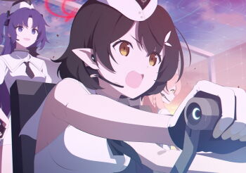 3girls artist_request ayane_(blue_archive) black_hair black_necktie blue_archive braid breasts brown_eyes dress earpiece game_cg gloves green_eyes halo hanako_(blue_archive) hat highres large_breasts long_hair microphone multiple_girls necktie non-web_source official_alternate_costume official_art open_mouth pink_hair pointy_ears purple_eyes purple_hair red_halo sailor_hat short_hair single_braid sleeveless sleeveless_dress two_side_up white_dress white_gloves white_hat yuuka_(blue_archive)