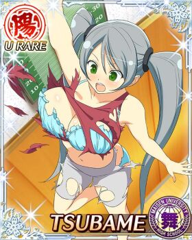 1girl :o arm_up blue_bra blue_panties blush bra breasts cleavage game_cg green_eyes grey_hair grey_pants high_jump jumping large_breasts long_hair looking_down navel official_art panties pants red_tank_top senran_kagura senran_kagura_new_wave solo surprised swept_bangs tank_top teeth third-party_source torn_clothes torn_pants torn_tank_top tsubame_(senran_kagura) twintails underwear upper_teeth_only very_long_hair