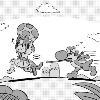 1girl 7thgear absurdres animal_ears asymmetrical_footwear crossover greyscale highres horse_ears horse_girl horse_tail jacket mario_(series) mismatched_footwear monochrome musical_note nintendo puffy_short_sleeves puffy_sleeves running short_sleeves skirt special_week_(special_dreamer)_(umamusume) special_week_(umamusume) tail tongue tongue_out umamusume white_jacket yoshi yoshi_egg