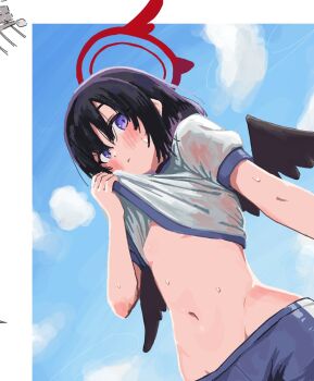 1girl black_hair black_wings blue_archive blue_buruma blue_sky blush border buruma clothes_lift feathered_wings groin gym_shirt gym_uniform halo heavy_breathing highres mashiro_(blue_archive) navel no_bra ponporu purple_eyes red_halo shirt shirt_lift short_hair short_sleeves sky solo stomach sweat white_border white_shirt winged_halo wings
