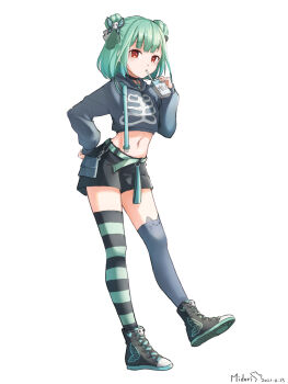 1990 1girl 2021 alternate_costume artist_name asymmetrical_legwear belt black_choker black_shoes black_shorts black_thighhighs butterfly_hair_ornament chinese_commentary choker choppy_bangs commentary_request cropped_sweater dated double_bun drink_carton drinking drinking_straw full_body green_belt green_hair green_shoes green_thighhighs grey_thighhighs hair_bun hair_ornament hand_on_own_hip hand_up heart highres hololive long_sleeves looking_at_viewer midori_fufu midriff milk_carton navel red_eyes shoe_soles shoes short_hair shorts simple_background skull_hair_ornament sneakers solo sweater tachi-e thighhighs uruha_rushia virtual_youtuber white_background