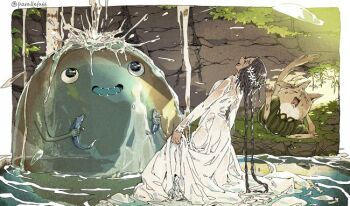 1girl animal black_hair blob braid dress closed_eyes fish holding holding_animal holding_fish long_hair long_sleeves monster open_mouth original parallela66 partially_submerged profile see-through_clothes smile twin_braids twintails very_long_hair wet wet_clothes wet_dress white_dress
