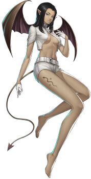 1girl artist_request barefoot bat_wings belt black_hair blue_eyes breasts demon_(megami_tensei) demon_girl demon_tail gloves highres leg_tattoo lilim_(megami_tensei) navel official_art persona persona_5 persona_5:_the_phantom_x pointy_ears shin_megami_tensei shirt shorts simple_background snake_tattoo solo tail tattoo third-party_source transparent_background white_belt white_gloves white_shirt white_shorts wings