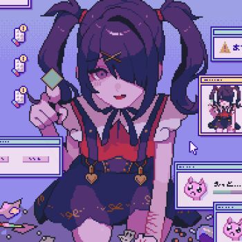 1girl absurdres against_fourth_wall ame-chan_(needy_girl_overdose) black_eyes black_hair blush constricted_pupils cursor diagonal_bangs drugs full_body hair_ornament hair_over_one_eye highres icon_(computing) looking_at_viewer lsd multiple_scars needy_girl_overdose on_ground open_mouth pill pill_bottle pixel_art pointing pointing_at_viewer poking red_shirt scar scar_on_arm screen_zoom seiza self-harm_scar shirt short_twintails sidelocks sitting skirt solo suspender_skirt suspenders twintails uzume_(uzm0) window_(computing) winged_sleeves wrist_cutting x_hair_ornament