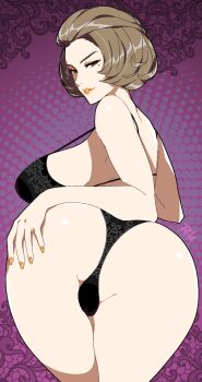 1girl ass black_bra black_panties bra breasts brown_eyes brown_hair come_hither eyeshadow female_focus fire_emblem fire_emblem:_three_houses highres huge_ass large_breasts lingerie lipstick looking_at_viewer looking_back makeup manuela_casagranda matching_hair/eyes medium_hair mole mole_under_eye nail_polish nintendo orange_eyeshadow orange_lips orange_nails panties r3dfive smile solo underwear underwear_only