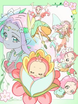 Rule 34 | 1girl, :3, :o, absurdres, artist request, blush, boots, braid, bubble skirt, commentary request, cure felice, fairy, fairy wings, flower, flower in eye, green boots, green eyes, green skirt, ha-chan (mahou girls precure!), hair flower, hair ornament, hanami kotoha, highres, jewelry, long hair, looking at viewer, mahou girls precure!, one eye closed, open mouth, pink hair, pointing, pointing at self, pointy boots, precure, puffy sleeves, shirt, skirt, smile, symbol in eye, time paradox, twin braids, white shirt, white sleeves, wings
