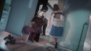 Rule 34 | 1boy, 3girls, aerith gainsborough, animated, audible music, audible speech, bathroom, dark-skinned male, dark skin, final fantasy, final fantasy vii, final fantasy x, large penis, multiple girls, music, nipples, nude, penis, pussy, sex, sound, tagme, tifa lockhart, vaginal, video, yuna (ff10)