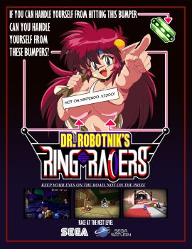 Rule 34 | 1990s (style), 1girl, absurdres, armpits, blue eyes, blue headband, breasts, convenient censoring, dr. robotnik's ring racers (fangame), fake ad, fang, hands up, headband, highres, holding, holding sack, kurocharu, large breasts, looking at viewer, mail (popful mail), open mouth, pointy ears, popful mail, red hair, retro artstyle, sack, sonic (series), sonic the hedgehog, speech bubble, tails (sonic)