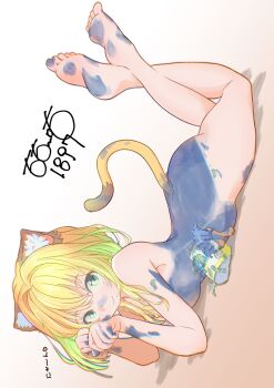 1girl animal_ears ass blonde_hair bodypaint feet highres looking_at_viewer paint smile tagme tail totomoto