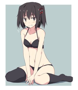 1girl arms_between_legs asymmetrical_legwear black_bra black_eyes black_panties black_socks black_thighhighs blush border bra breasts brown_hair cleavage collarbone commentary_request full_body grey_background hair_between_eyes kantai_collection kneehighs kugui_kiyunemu looking_at_viewer medium_hair navel one_side_up outside_border panties sendai_(kancolle) shadow sidelocks simple_background single_kneehigh single_sock sitting small_breasts smile socks solo stomach teeth thighhighs underwear underwear_only wariza white_border