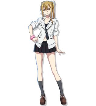 Rule 34 | 1girl, anime coloring, blonde hair, breasts, closed mouth, collarbone, collared shirt, earrings, full body, hair between eyes, hand on own hip, hashidate kana, hazurewaku no joutai ijou skill de saikyou ni natta ore ga subete wo juurin suru made, heart, heart earrings, highres, jacket, jewelry, long hair, long sleeves, looking at viewer, loose necktie, microskirt, miniskirt, navel, necktie, plaid clothes, plaid necktie, shirt, shoes, side ponytail, simple background, skirt, sleeves rolled up, socks, solo, standing, takao itsuki, thighs, transparent background, white shirt, yellow eyes