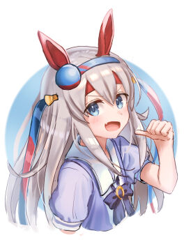 1girl absurdres animal_ears blue_eyes blue_hairband blush bow bowtie commentary_request cropped_torso ear_covers fang grey_hair hair_between_eyes hairband headband highres horse_ears horse_girl long_hair multicolored_hairband ooeyama open_mouth pointing pointing_at_self puffy_short_sleeves puffy_sleeves purple_bow purple_bowtie purple_shirt red_headband sailor_collar sailor_shirt school_uniform shirt short_sleeves smile solo striped_clothes striped_hairband tamamo_cross_(umamusume) tracen_school_uniform two-tone_hairband umamusume very_long_hair white_sailor_collar
