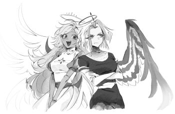 2girls :d angel breasts crossed_arms dark-skinned_female dark_skin elbow_gloves emily_(hazbin_hotel) frown gloves greyscale halo hashtag-only_commentary hazbin_hotel hellaverse large_breasts long_hair lute_(hazbin_hotel) monochrome multicolored_hair multiple_girls multiple_wings open_mouth puffy_short_sleeves puffy_sleeves seraph shipduck13 short_sleeves simple_background smile two-tone_hair white_background wings