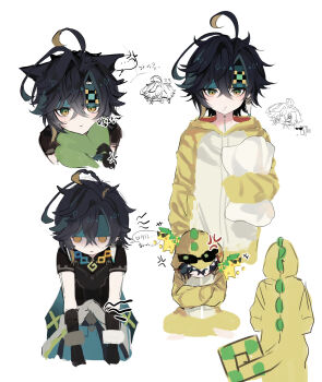 +++ ... 1boy :t absurdres ajaw_(genshin_impact) ajaw_(genshin_impact)_(cosplay) alternate_costume anger_vein animal_ears annoyed antenna_hair aqua_pants averting_eyes bishounen black_gloves black_hair black_shirt blonde_streaks cat_boy cat_ears clothes_around_waist commentary_request cosplay crossed_arms crossed_bangs dinosaur_costume double-parted_bangs ears_down elbow_gloves expressionless eyewear_on_headwear facing_down fake_tail genshin_impact gloom_(expression) gloves green_eyes green_headband gurh32 hands_in_pockets head_down headband highres holding holding_pillow hood hood_down hood_up hungry indian_style jitome kemonomimi_mode kinich_(genshin_impact) korean_commentary korean_text leaning_forward light_blush lollipop_in_mouth long_sleeves looking_to_the_side male_focus mouth_hold multicolored_hair multiple_views onesie pants parted_lips pillow pout shirt short_hair short_sleeves shout_lines simple_background sitting sleeves_past_fingers sleeves_past_wrists slit_pupils speech_bubble spoken_anger_vein spoken_ellipsis streaked_hair sunglasses sweatdrop tail translation_request two-tone_hair very_short_hair white_background yellow_eyes yellow_tail zipper