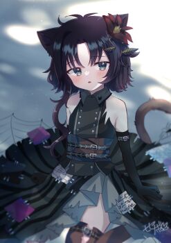 1girl animal_ears asymmetrical_skirt black_gloves black_hair black_skirt blue_eyes blurry blush cat_ears cat_girl cat_tail collared_shirt commission corset depth_of_field elbow_gloves flower gloves hair_flower hair_ornament highres looking_at_viewer messy_hair original parted_bangs parted_lips patch patchwork_clothes sese_nagi shirt short_hair_with_long_locks signature sitting skeb_commission skirt sleeveless solo striped_clothes striped_skirt tail thighhighs torn_clothes torn_sleeves vertical-striped_clothes vertical-striped_skirt wariza