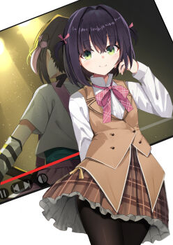 1girl absurdres arm_behind_back black_hair black_pantyhose blush bow bowtie brown_skirt brown_vest closed_mouth commentary cowboy_shot crossed_bangs dual_persona eyes_visible_through_hair film_grain frilled_skirt frills green_eyes hair_between_eyes hair_bow hair_intakes hand_up highres limelight_lemonade_jam long_sleeves looking_at_viewer medium_hair miniskirt mole mole_under_eye multicolored_hair nabari_anju nodoameyatou pantyhose pink_bow pink_bowtie pink_hair plaid_bow plaid_bowtie plaid_clothes plaid_skirt reflection school_uniform shirt short_sleeves simple_background skirt smile solo spotlight straight_hair streaked_hair two_side_up vest white_background white_shirt