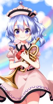 1girl blurry blurry_background blush bow bowtie closed_mouth commentary_request cowboy_shot day dress eyes_visible_through_hair floating_clothes frilled_hat frills hair_between_eyes hat highres holding holding_instrument holding_trumpet instrument looking_at_viewer medium_hair merlin_prismriver pink_dress pink_hat puffy_short_sleeves puffy_sleeves purple_eyes purple_hair rainbow red_bow red_bowtie ruu_(tksymkw) short_sleeves smile solo standing touhou trumpet