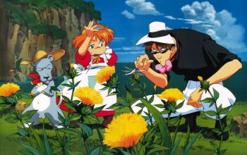 1990s_(style) blue_eyes brown_hair bug dragonfly flower fushigi_no_umi_no_nadia grass hat highres bug king king_(nadia) lion marie_en_carlsberg ocean orange_hair retro_artstyle sanson_(nadia) straw_hat sunglasses