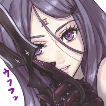 1girl bad_id bad_pixiv_id drag-on_dragoon drag-on_dragoon_3 facial_mark female_focus forehead_mark hair_ornament hairclip hitoha long_hair looking_at_viewer lowres portrait purple_eyes purple_hair roman_numeral scissors solo three_(drag-on_dragoon)