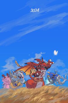Rule 34 | beard, chibi, digimon, facial hair, four great dragons, goddramon, happy, highres, holydramon, horns, megidramon, qinglongmon, red eyes, smile