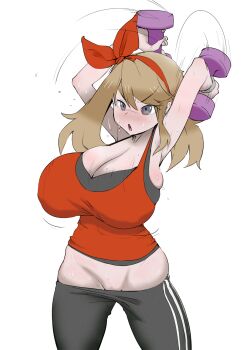 1girl armpits arms_up bare_arms black_legwear bouncing_breasts bow breasts brown_hair bursting_breasts cleavage clothes_pull colorfag colorized cowboy_shot dumbbell exercising groin hair_bow hairband highres holding huge_breasts long_hair looking_away lowleg lowleg_pants may_(pokemon) maydrawfag motion_lines nintendo no_panties open_mouth pants pants_pull plump pokemon pokemon_oras shirt sideboob simple_background skindentation sleeveless sleeveless_shirt solo sweat swept_bangs taut_clothes taut_shirt tight_clothes tight_pants tight_shirt track_pants weightlifting weights white_background