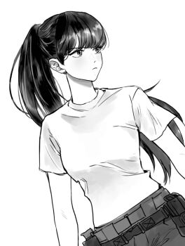 1girl baek_ae-young belt_pouch blunt_bangs blush closed_mouth commentary dutch_angle eoduun_badaui_deungbul-i_doeeo greyscale highres korean_commentary looking_to_the_side monochrome nageutxx ponytail pouch shirt simple_background solo t-shirt