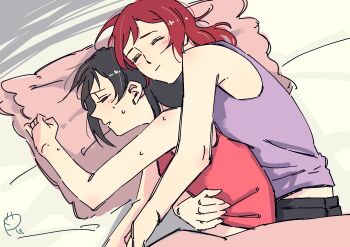 2girls black_hair blush closed_eyes closed_mouth commentary_request cuddling hand_on_another&#039;s_waist highres love_live! love_live!_school_idol_project medium_hair multiple_girls nishikino_maki pillow purple_tank_top red_hair red_tank_top school_uniform sleeping smile surfacedxxc sweat tank_top yazawa_nico yuri