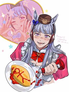1girl absurdres ammi_(mayflyaa) animal_ears apron blunt_bangs blush bow breasts brown_hat cropped_torso dress ear_bow ear_ribbon english_text food four-finger_heart_hands gold_ship_(umamusume) grey_hair hat heart heart_hands highres horse_ears horse_girl ketchup long_hair looking_at_viewer maid maid_apron omelet omurice one_eye_closed open_mouth pillbox_hat pink_dress purple_bow purple_eyes red_bow short_sleeves smile sparkle squeeze_bottle squeezing teeth umamusume white_apron white_wrist_cuffs wrist_cuffs
