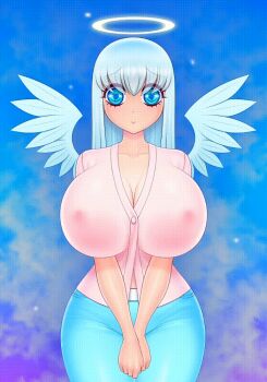 1girl akiranime angel angel_and_devil angel_wings animated animated_gif belt blue_eyes blue_hair blue_sky blush bouncing_breasts breasts cameltoe cleavage cloud collarbone covered_erect_nipples cowboy_shot curvy demon_girl demon_horns demon_wings denim devil dual_persona female_focus fire flashing halo heart heart-shaped_pupils heaven hell horns huge_breasts innocent_face jeans large_areolae long_hair looking_at_viewer matching_hair/eyes nail_polish naughty_face navel nipples open_clothes open_shirt original own_hands_together pants pink_shirt red_eyes shiny_skin shirt skull sky smile solo symbol-shaped_pupils thigh_gap wide_hips wings