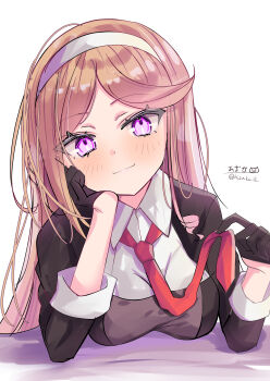 1girl absurdres black_gloves dress_shirt gloves hairband head_rest highres hizaka kantai_collection leaning_forward long_hair looking_at_viewer necktie orange_hair pink_eyes shirt smile solo twitter_username upper_body yuugure_(kancolle)