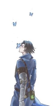 1boy blue_butterfly blue_coat bug butterfly butterfly_on_nose coat commentary gemini_(lies_of_p) highres insect lantern lies_of_p lies_of_p:_overture male_focus mechanical_arms motimoti0144 pinocchio_(lies_of_p) prosthesis prosthetic_arm simple_background single_mechanical_arm solo standing white_background