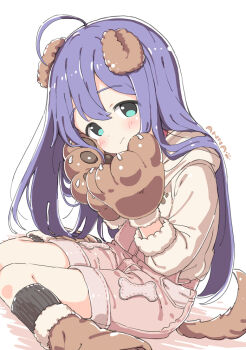 1girl ahoge animal_ears animal_hands black_socks blush boots brown_boots brown_gloves claws closed_mouth dog_ears dog_girl dog_tail dot_nose feet_out_of_frame gloves green_eyes hood hood_down hoodie idolmaster idolmaster_million_live! kemonomimi_mode kuresuku_(lessons) long_hair long_sleeves looking_at_viewer mochizuki_anna paw_gloves pink_shorts purple_hair shorts simple_background sitting socks solo tail wariza white_background yellow_hoodie